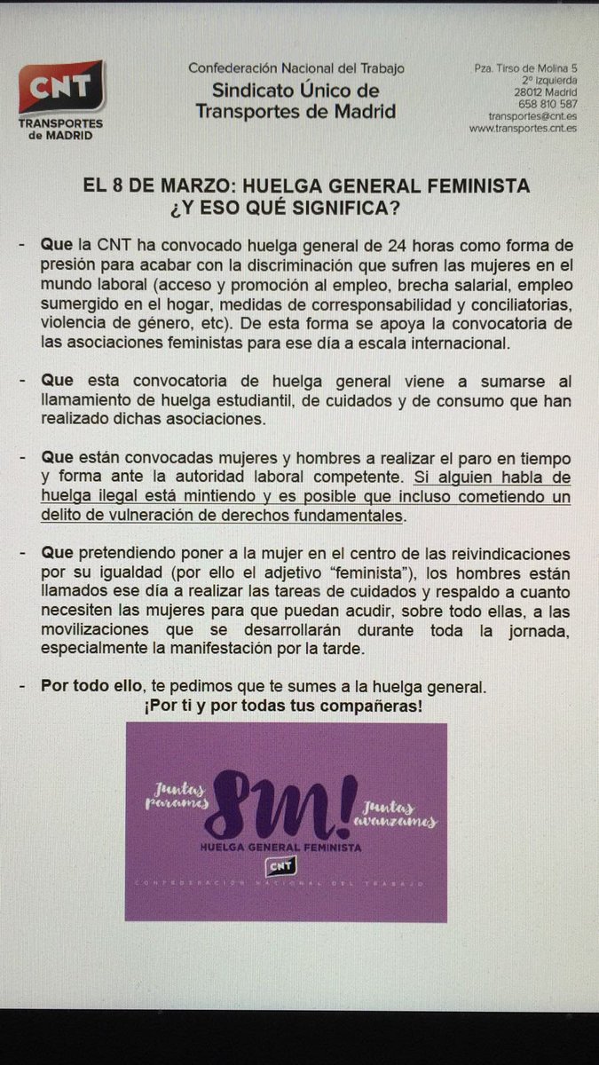 #NadiePuedeFaltar #8demarzodiadelamujer #CntEnLaLucha #SumateALaHuelgaGeneral #MujeresUnidasJamasSeranVencidas #YosoyIgualQueTuHombre