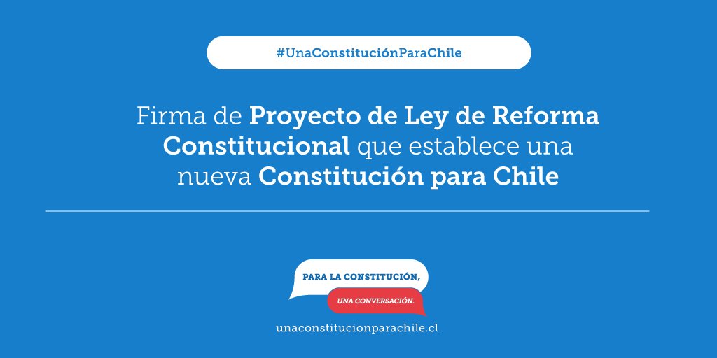 GobiernodeChile's tweet photo. "Una constitución nueva, porque ha nacido de la gente, como nunca antes en la historia de nuestro país" #UnaConstituciónParaChile es el compromiso de la Presidenta @mbachelet para un 🇨🇱  más equitativo e igualitario. De todos y todas. https://t.co/X9K23q6Cu9