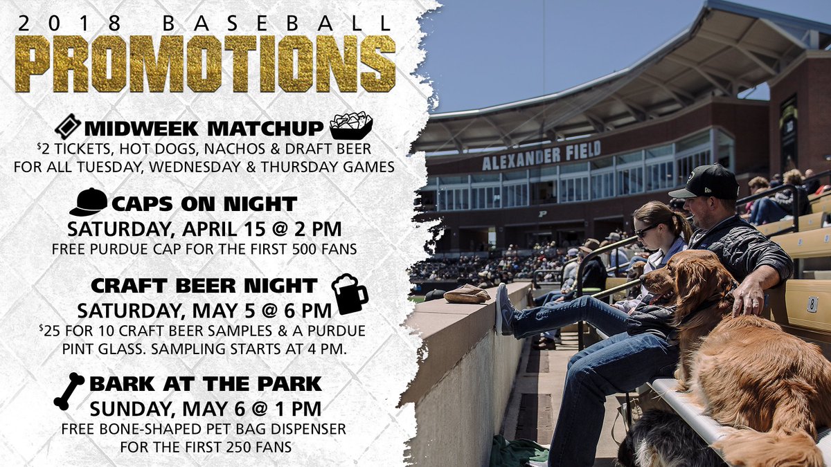 #Purdue's 24-game home slate begins the weekend of March 23-25. Excited to offer lots of great promotional dates again this spring. 🐶🧢🍺⚾️🌭👕

📅 bit.ly/2D2wpNQ
🎟️ bit.ly/2Fg8CzU