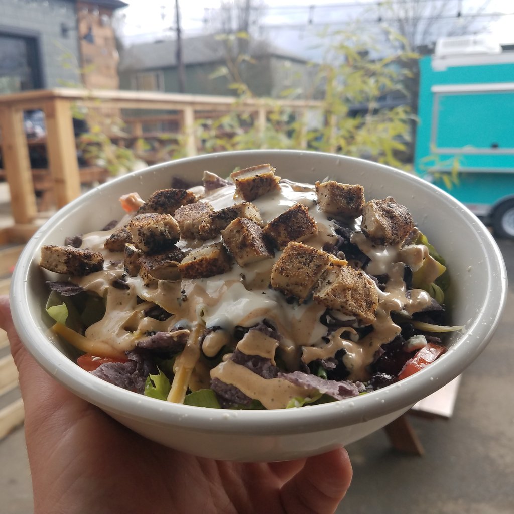 GardenMonsters's tweet photo. This mini Macho Taco with Beyond Meat vegan chicken is powering me through this Monday. This time I tossed in some of Grandma's bleu cheese with the Sante Fe Ranch... because why not? https://t.co/FcErJ9V8jh