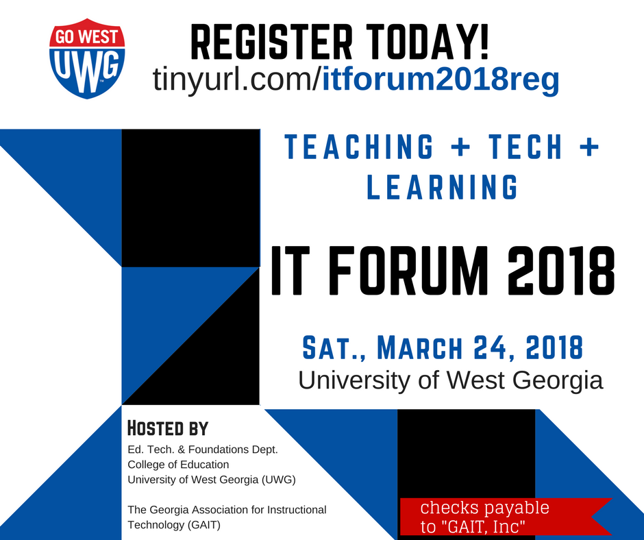 khuett's tweet photo. Register for IT Forum today! Saturday, March 24, UWG Campus, https://t.co/usVIEST8PX  #GeorgiaVirtual #gaedtech #gaedchat #TechTalkGA #byotchat #gavirtual #gaed #gaitconnect #gacis https://t.co/U3edyryVSf