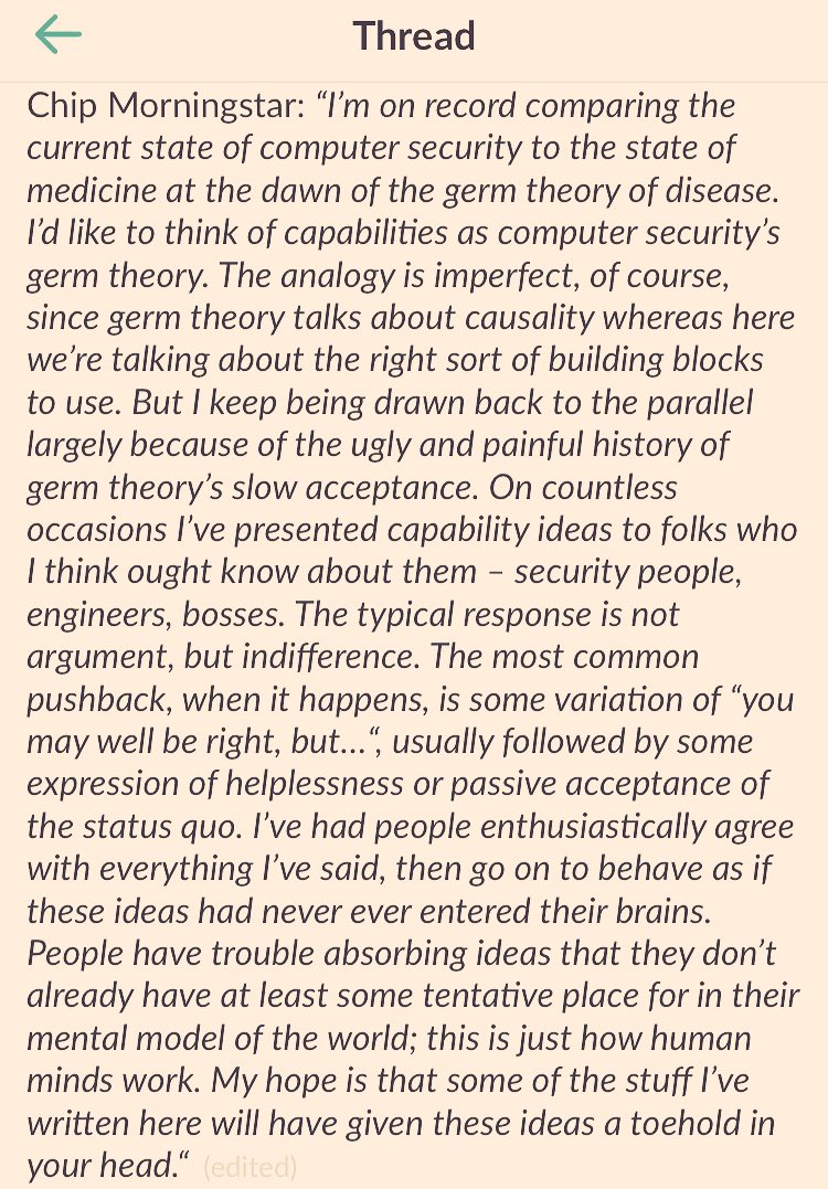 AlpenSheth's tweet photo. Shared last year @epopt compared current state of computer security to the state of medicine at dawn of the germ theory of disease. Object Capabilities will come to be seen as computer security’s germ theory. #capchain https://t.co/V2s6mhLuED