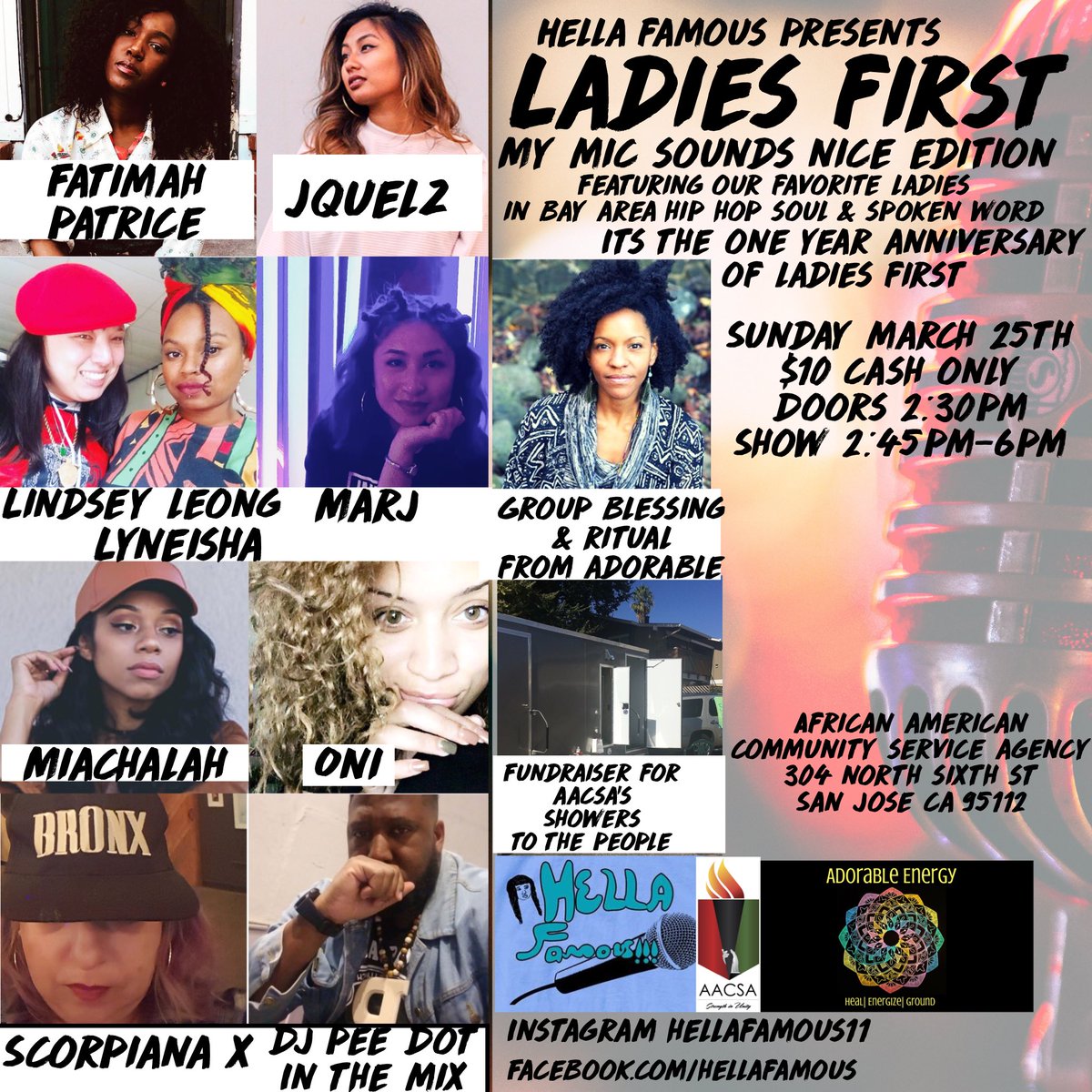 hellafamous11's tweet photo. Sunday March 25th its the 1 year Anniversary of Ladies First we are celebrating with a fundraiser show for Showers To The People #ladiesfirst #WomensHistoryMonth #showerstothepeople #bayarea #bayareahiphop #contentmatters #CommunityFirst #hellafamous https://t.co/STANA2DlfI