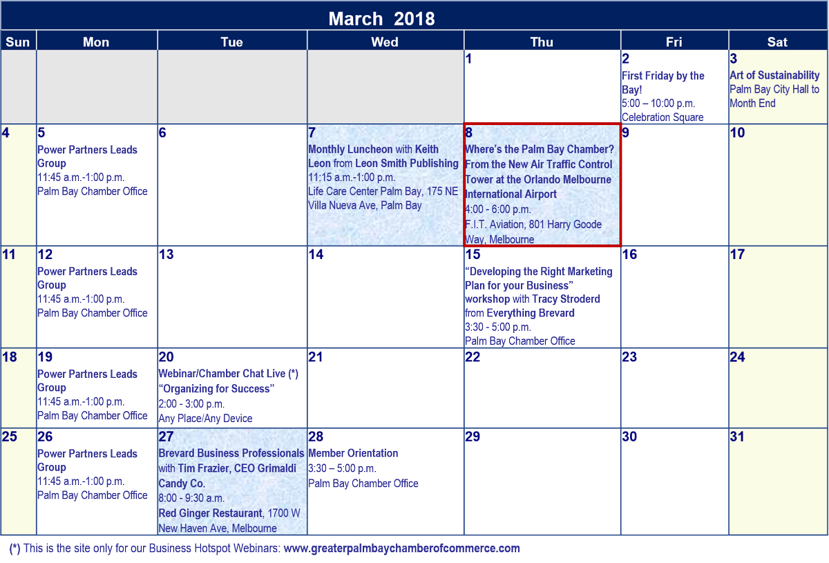 palmbayccomm's tweet photo. Check our #March Calendar out! You will find different options for you and your #Business as: March's Monthly Luncheon, #Workshops, Brevard Business Professionals, Chamber Chat and much more! If you want to see all month, click here: https://t.co/jzoVMw4cJG @NancyPeltonen #GPBCC https://t.co/28IWOkJLxZ