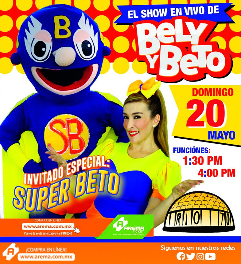 El próximo 20 de mayo lleva a toda la familia a disfrutar del show completamente en vivo de "<a href="/belytrevino/">Bely y beto</a> y Beto" en el <a href="/AuditorioRio70/">Auditorio Río 70</a>.
Compra ya tus boletos en línea 🎟️ goo.gl/N5N4VS y puntos de venta autorizados.