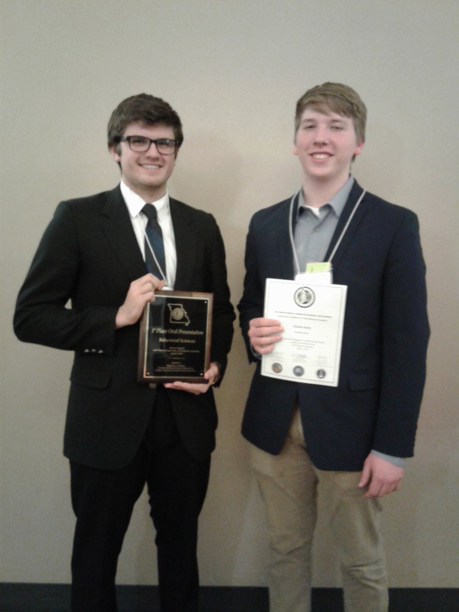 HoltMallery's tweet photo. Congratulations to Spencer Bogan for 1st place in behavioral science, and Charles Stone for 2nd place in biology at the Missouri JSEHS. Spencer goes on to nationals in Maryland in May! https://t.co/ncEdd2Blic