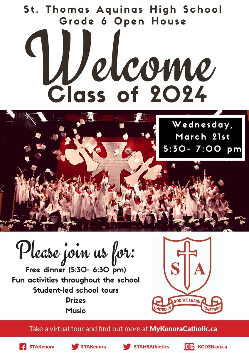 STA_Kenora's tweet photo. We can't wait to welcome the class of 2024!
Join us on Wednesday the 21st from 5:30-7:00 for:
A free dinner (from 5:30-6:30)
School tours
Fun activities
Music
SAINTS prizes
A chance to help us create our time capsule
..&amp; more!
Learn about your bright future at St. Thomas Aquinas! https://t.co/YaOtqxAjlj