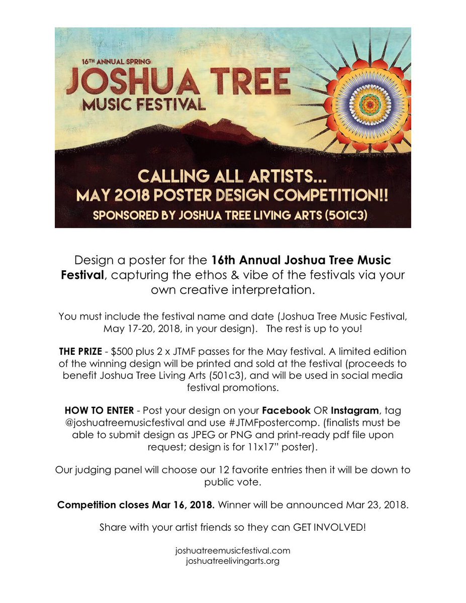 JTchamber's tweet photo. โญ๏ธCALLING ALL ARTISTS โญ๏ธ
The design contest for the Joshua Tree Music Festival's May Poster is open to all near and far!
โข
#jtmf #joshuatreemusicfestival #festival #festieseason #joshuatree #jtree #socal #california #art #music #life #jtla #joshuatreelivingarts https://t.co/sO809b02jy