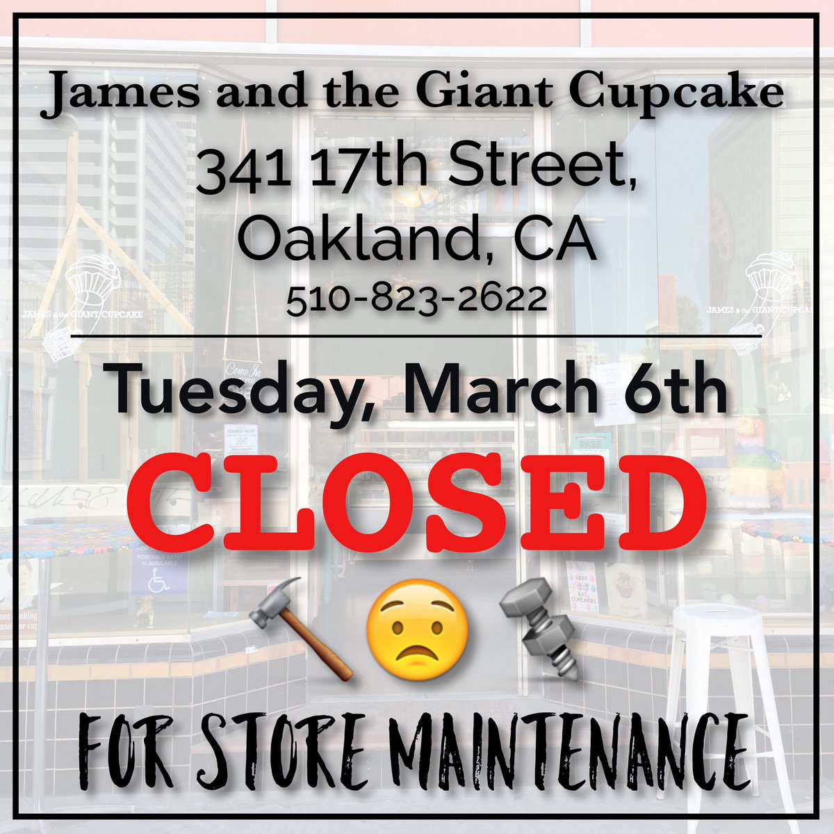 giantcupcake's tweet photo. FYI: our downtown #Oakland store will be closed tomorrow for store maintenance. We'll be back open Wed. at 10:30am at 341 17th St. If you need #cupcakes our flagship location at 6326 San Pablo Ave. will be open from 12:00pm-5:30pm. #Thankyou for your understanding and patience. https://t.co/t4LFGczWPg
