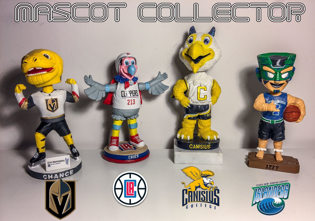 BobbleheadSGA's tweet photo. Showcase of Bobblehead Mascots from:
Las Vegas Golden Knights #VegasBorn
Los Angeles Clippers #ItTakesEverything
Canisius Golden Griffins @GoGriffs
Texas A&amp;M Corpus Christi Islanders #GoDers
#MascotCollector #BobbleheadAddict @BobbleheadHall https://t.co/hBNPzHZVTB