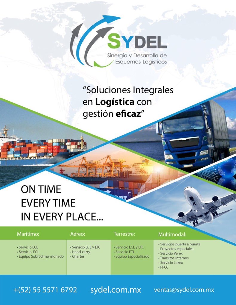 INTEGRAMAGAZINE's tweet photo. #HablemosClaroFuerteYDirecto
 #SYDEL SINERGIA Y DESARROLLO DE ESQUEMAS LOGÍSTICOS “SOLUCIONES INTEGRALES DE LOGÍSTICA CON GESTIÓN EFICAZ” 
ON TIME
EVERY TIME
IN EVERY PLACE
https://t.co/Yhk133fSLQ marítimo, aéreo, terrestre, multimodal. https://t.co/0Z7GYds3ZC