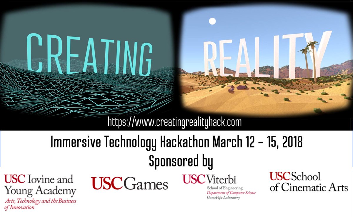 bebethebuilder's tweet image. Applications close tomorrow, March 6 for the Creating Reality Hackathon at USC. Info + application: creatingrealityhack.com. We will have loaner gear like Windows MR headsets, Hololenses, HTC Vives, &amp;amp; Intel's Vaunt AR glasses.