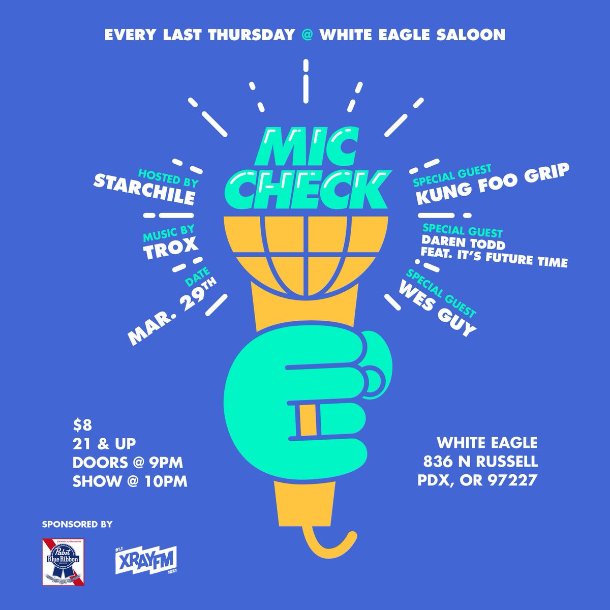StarChile's tweet photo. Yooo! @kungfoogrip_ @Thedailydaren and @est_93wesguy at this month's @MicCheck_PDX Plus the #OpenMicCheck segment, #MicCheck alumni in the building, @iamTROX in the mix and @StarChile hosting... #YouShouldBe https://t.co/bybFroa7xV