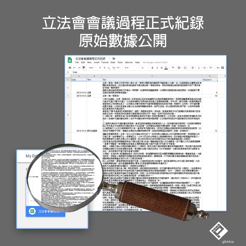 立法會會議過程正式紀錄原始數據公開

2012-2017年度立法會會議過程正式紀錄內容已上載到 Google Spreadsheet (goo.gl/8ejhWn) 供大眾瀏覽及下載

由於內容全由電腦程式產生，如有錯漏，請發電郵至 info@g0vhk.io, 祈為指正。

#開放數據 #立法會 #會議紀錄 #g0vhk