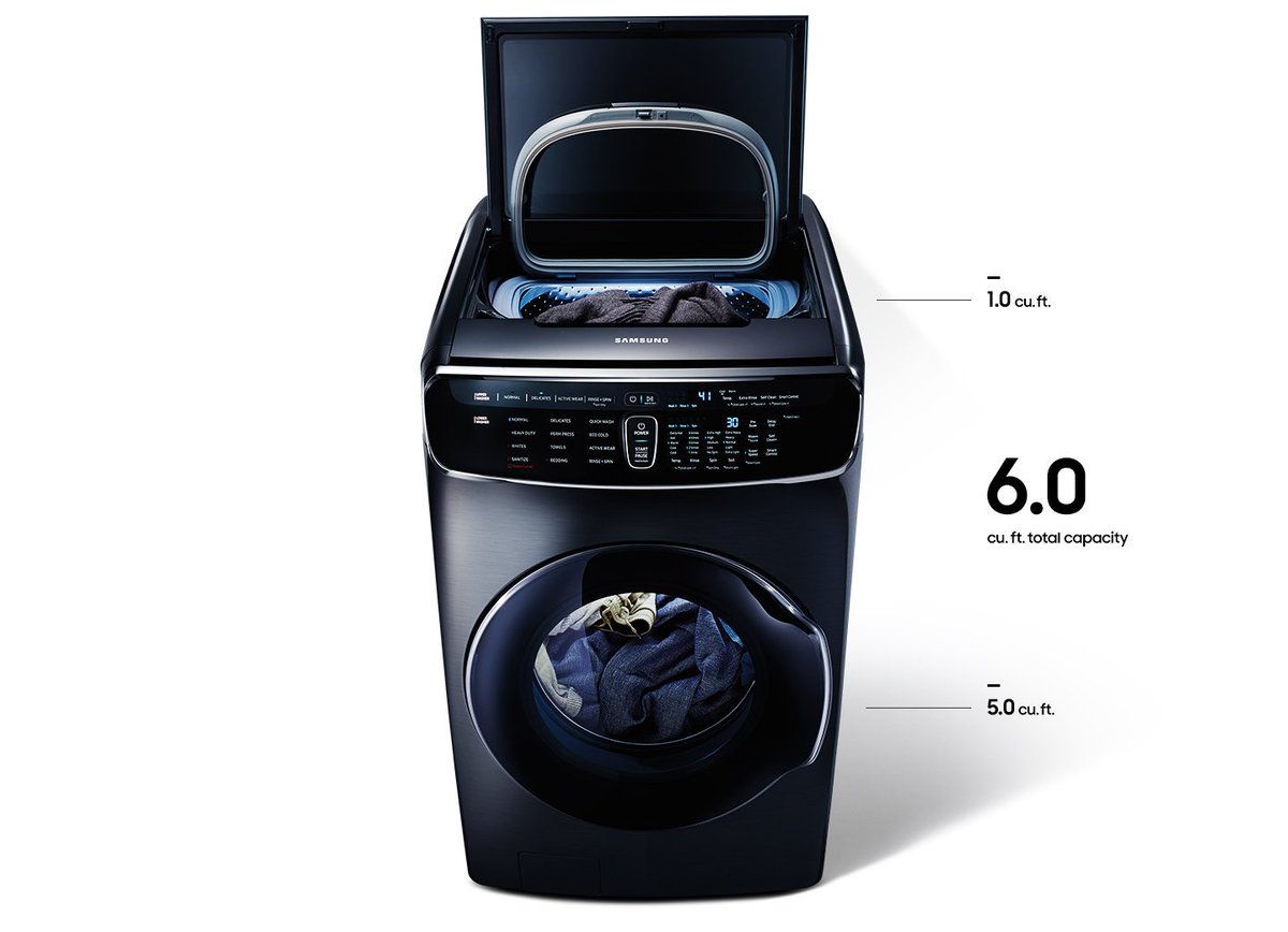 BridgevilleAppl's tweet photo. One machine, two Washers! Clean like a pro with Samsung Flex Wash. They created faster cycles that can power through laundry in just 30 minutes and even allows for the ability to steam away stains, so there is no need to pre-treat! https://t.co/M8Xvh0bnW4