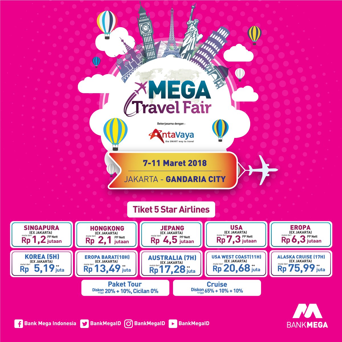 #MTF2018 hadir kembali di Jakarta dan Bandung minggu ini..!✈🛄🚢 
.
Save The Date
 📆 : 7 - 11 Maret 2018
📍 : <a href="/GandariaCity/">Gandaria City</a> untuk Jakarta &amp; <a href="/TSMbandung/">Trans Studio Mall Bandung</a>
untuk yang ingin cari tiket murah,jgn sampai kehabisan
.
Bit.ly/mtf18

#BankMega #MTF #TravelFair #Jakarta #Bandung