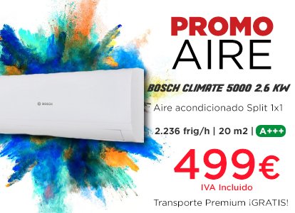Se acerca el buen tiempo y en Hermanos Pérez no queremos que te pille por sorpresa. Consigue el nuevo aire acondicionado Bosch Climate 5000 2,6 kW sólo por 499€. Además ahora te lo llevamos ¡GRATIS! Disfruta de esta oferta en nuestra tienda online o tiendas físicas.