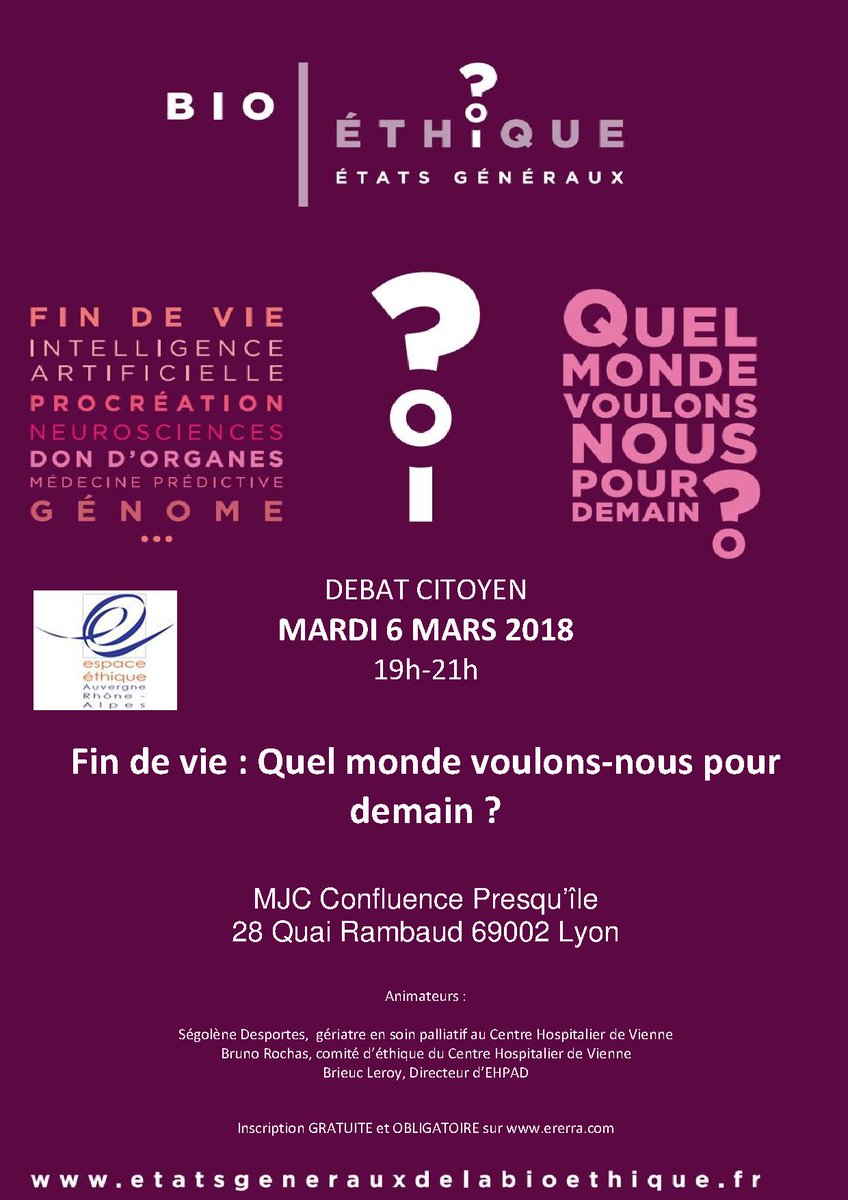 MJC Confluence (@mjcconfluence) on Twitter photo Ce soir, c'est débat conférence autour de la fin de vie ! à 19h avec <a href="/EGB2018/">États généraux de la bioéthique 2018</a> à la MJC Ce soir, c'est débat conférence autour de la fin de vie ! à 19h avec <a href="/EGB2018/">États généraux de la bioéthique 2018</a> à la MJC