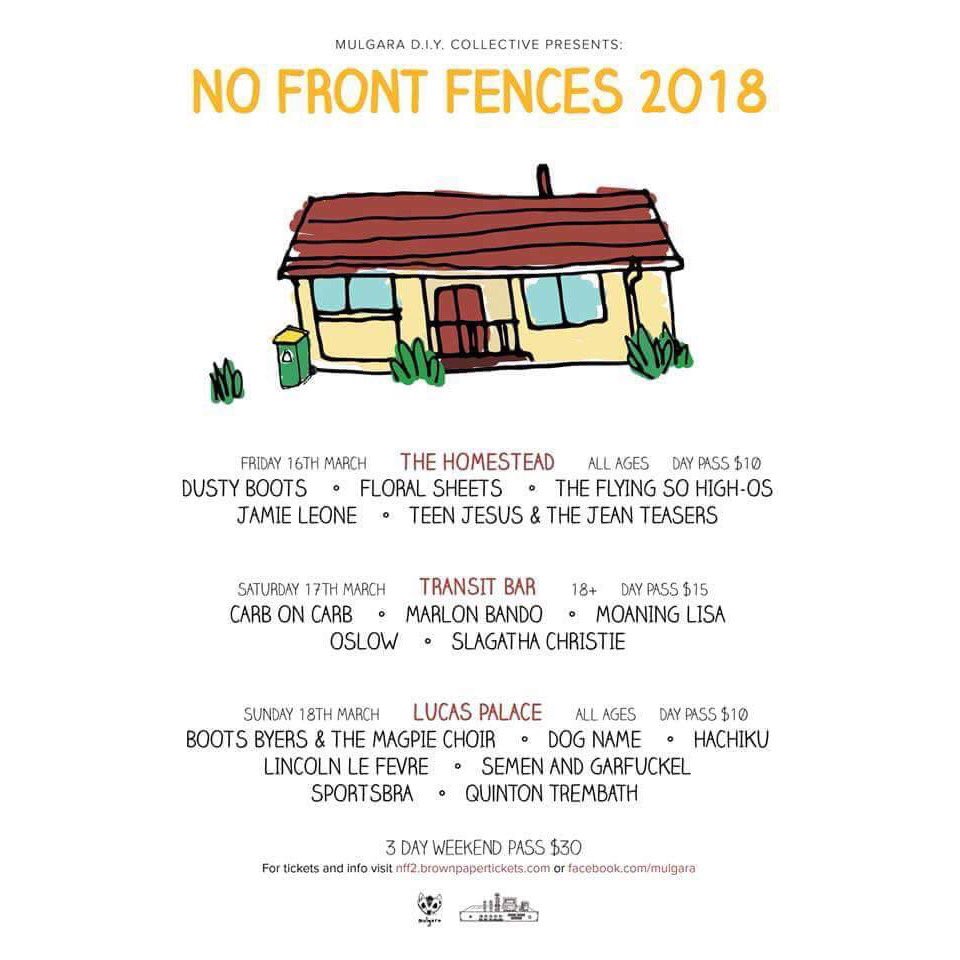 This excellent lil festival is creepin' up real fast! We're super excited to be a part of No Front Fences in Canberra this year -- we'll be playing with a bunch of rad bands on the Friday. Single passes still available!