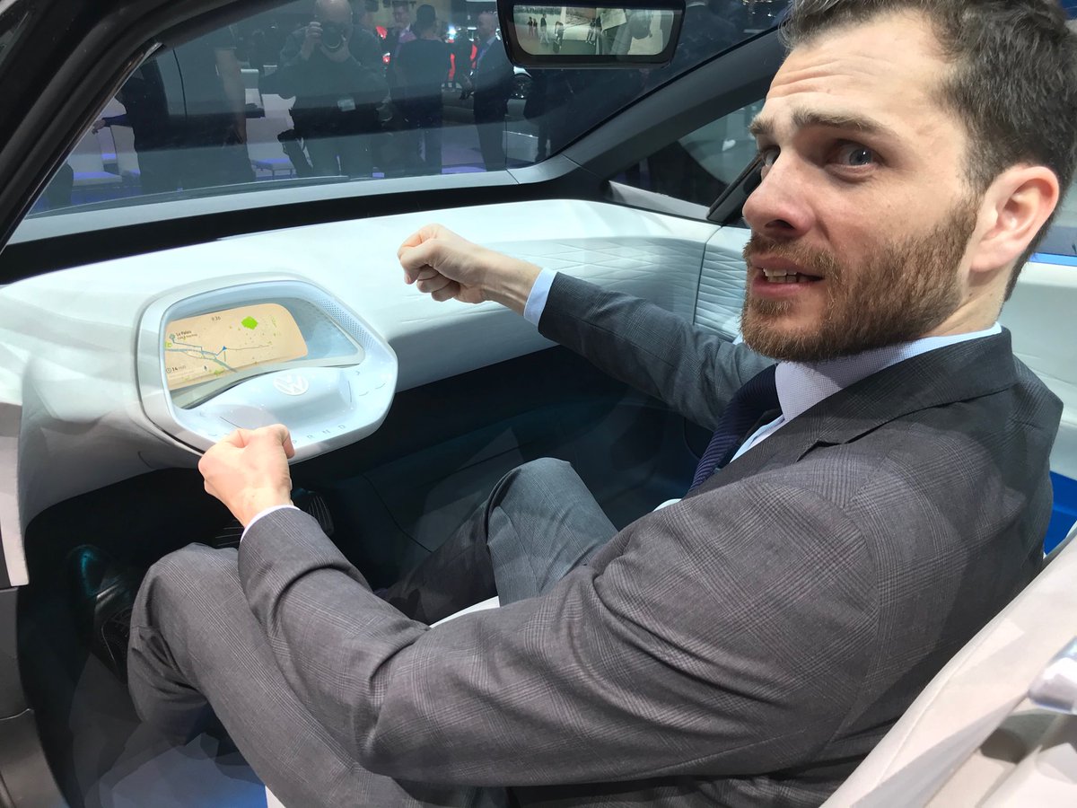 EngelskirchenC's tweet photo. Yes, Jean-Remi from @autovista_group, future driving will be without steering wheel (taken in the I.D.). https://t.co/gngqvzzlb6