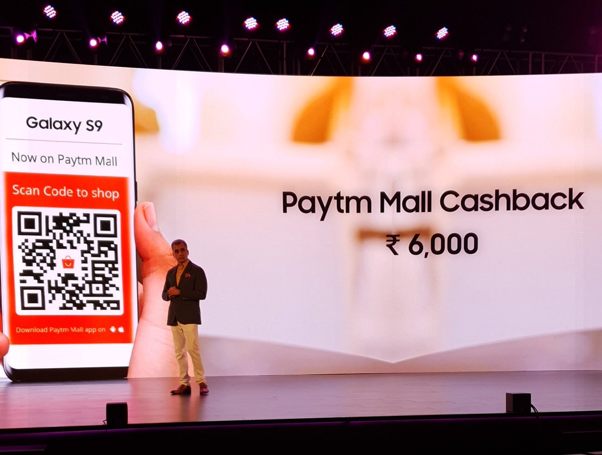SamsungIndia's tweet photo. Introductory offers with the #GalaxyS9 and #GalaxyS9Plus include a cashback of INR 6,000 when they purchase the device by scanning the @PaytmMall QR code at select retail stores. https://t.co/rMZ5webFSO