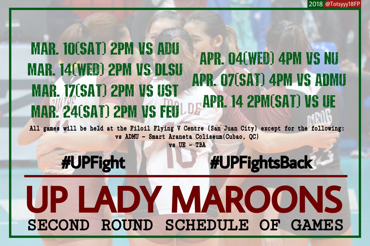 UpPayt's tweet photo. 2nd round schedule of the UP Fighting Lady Maroons is up! #UPFight #UPFightsBack https://t.co/pycFhanJRv