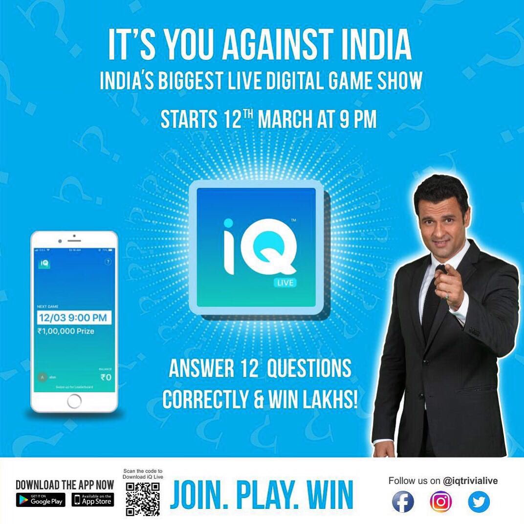 Allll the best @rohitroy500 for your 1st digital game show @iQtriviaLive ! Guys, it starts 12th March 9pm.. Download the app now!onelink.to/iqlive .. looks good bro !!
