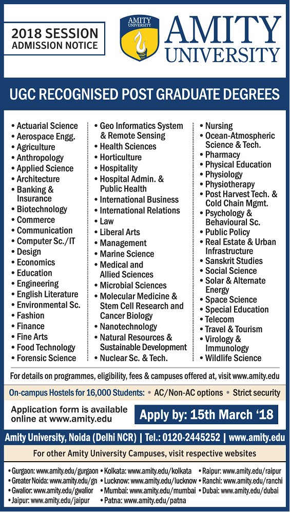 DrRohtashS's tweet photo. #2018Session #AdmissionOpen at @amitygn @AmityUni  
Have #UGC recognised #PostGraduate #Degrees https://t.co/Rk4EKanUOl
