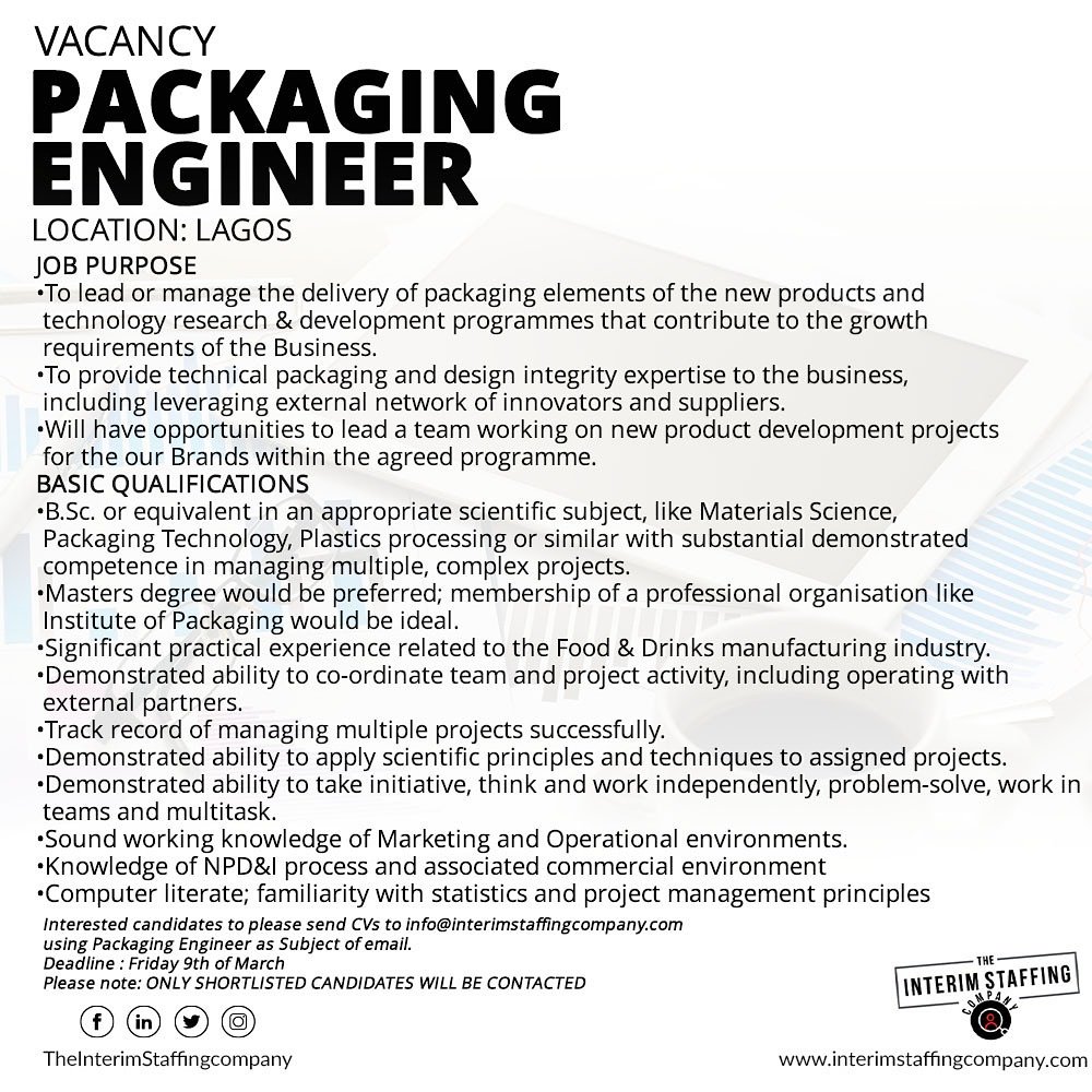 interimstaffco's tweet photo. Vacancy! Vacancy! Vacancy!
PACKAGING ENGINEER.
#hr #workforcesolutions #thefutureofHR #interimstaffing #innovationsinHR #contingent #labouroutsourcing #tisc https://t.co/VyaIqWWw7R