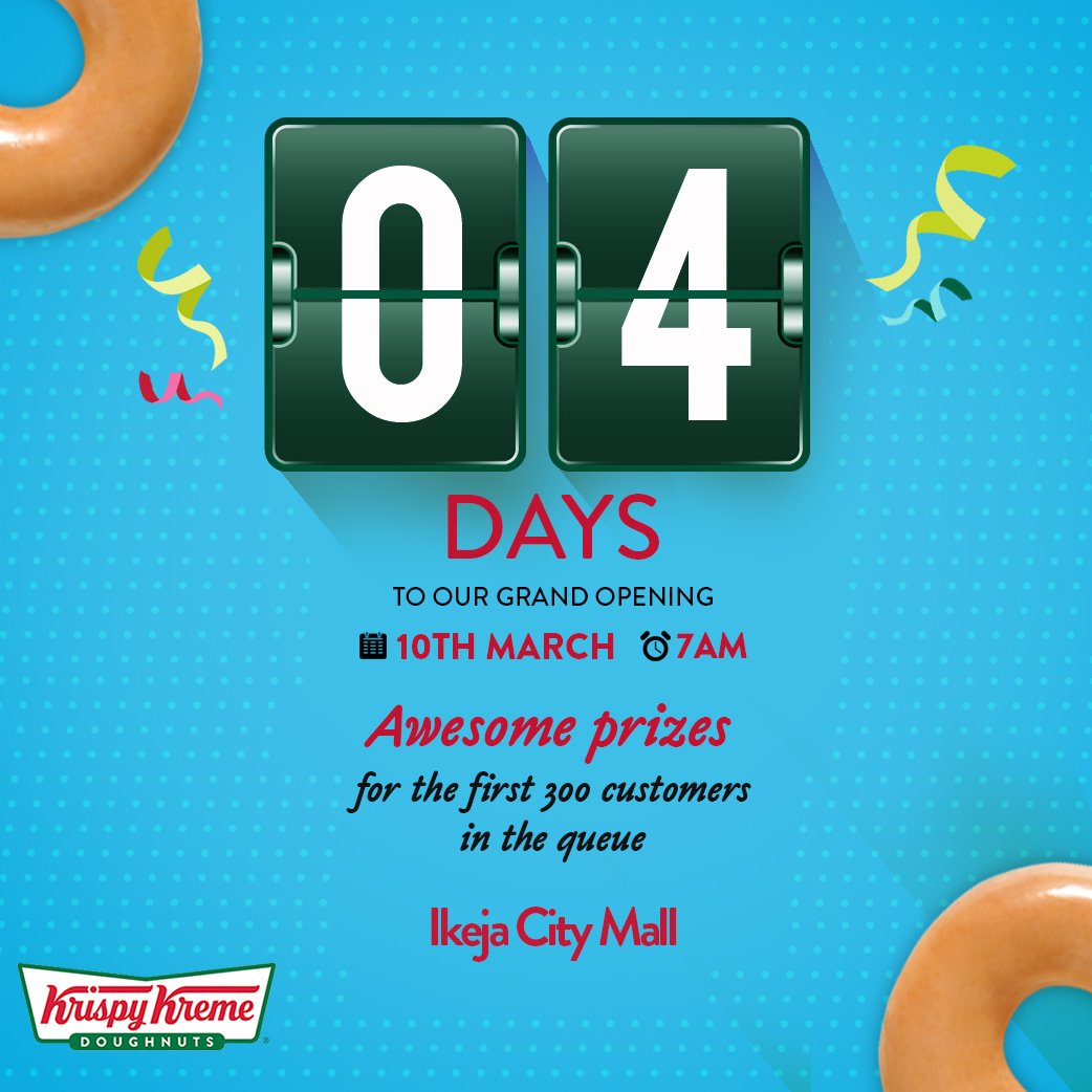 krispykremeng's tweet photo. 4 days to go! We have a wide range of doughnut varieties and coffee drinks for you to share. Will you be one of the first 300 in line?  #KrispyKremeInLagos https://t.co/iyTDfACnJq