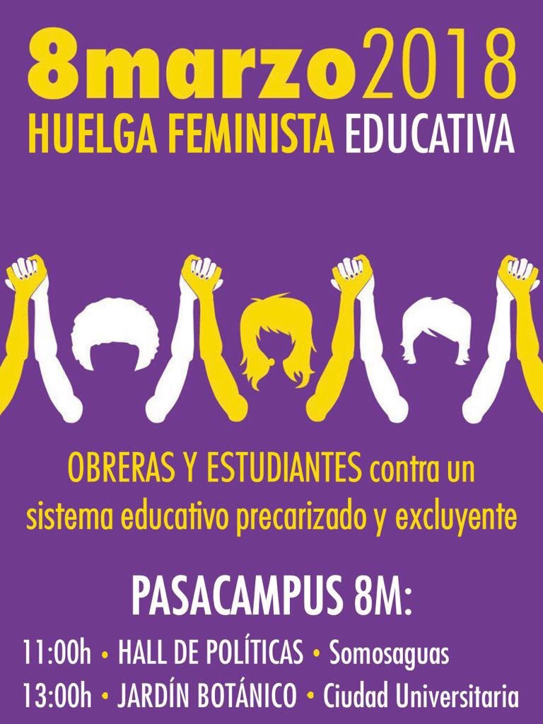 AsociPunoyLetra's tweet photo. ¡TRABAJADORAS Y ESTUDIANTES UNIDAS EN EL #8M! 

🗒PASACAMPUS UCM:
        📍SOMOSAGUAS: POLÍTICAS       
             11:00
        📍CIU: JARDÍN BOTÁNICO 
             13:00 https://t.co/tTu6wAS2Fi