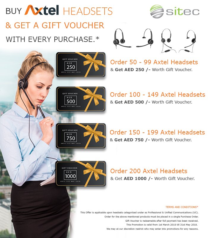 SitecTechnology's tweet image. Get a gift voucher on your #AxtelHeadsets purchase! Check now to know more about thee promotion: sitec.ae/axtel-headsets…
#MegaMarch #PromotionMonth #Headsets