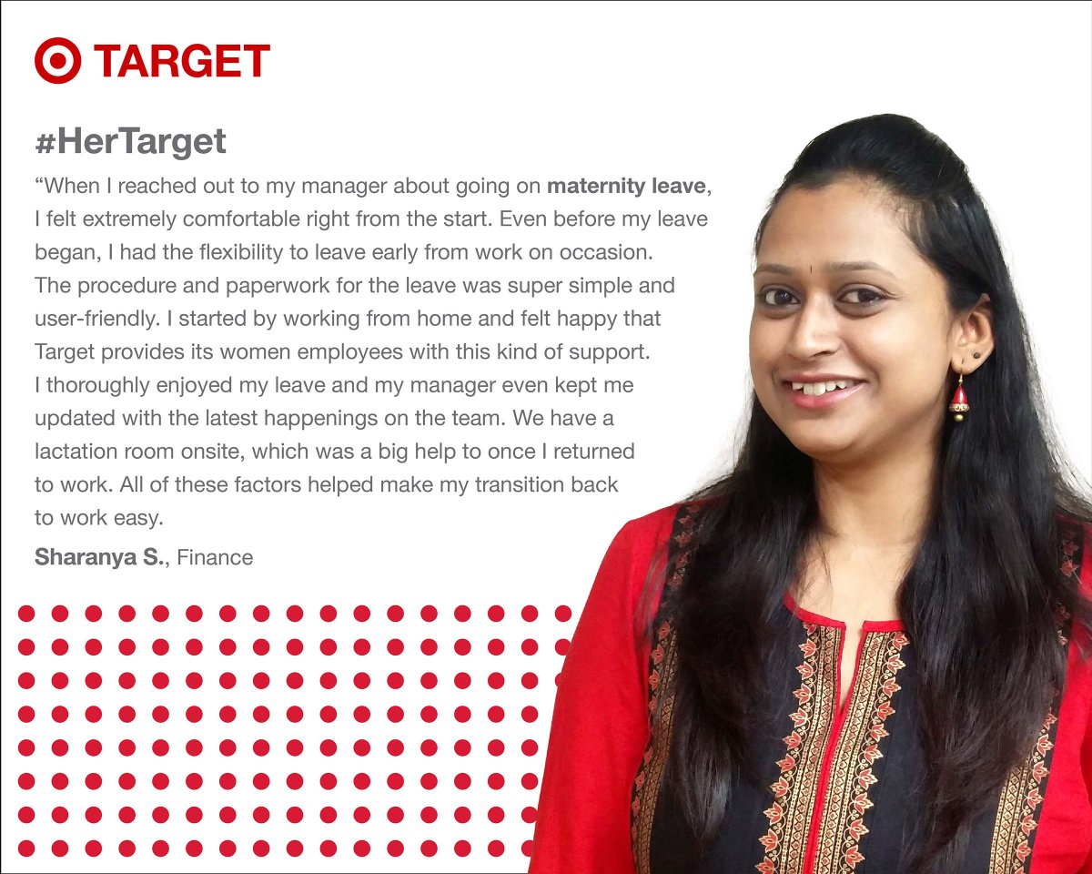 TeamTargetIndia's tweet photo. Being a new mom on maternity leave &amp; figuring out a way to stay connected with what's going on at work can be challenging. How does Target support them to pursue their career aspirations?  Sharanya S. weighs in about #HerTarget. #wearetarget #takecharge #terrifictuesday #IWD2018 https://t.co/5Sq9go8kb7
