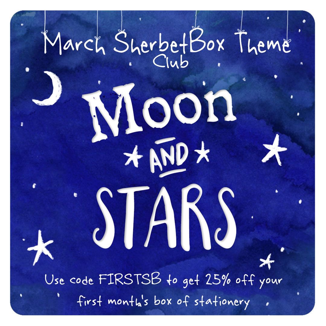 SherbetLane's tweet photo. New theme announcement! The SherbetBox Club members will be getting a box of exclusively designed stationery on a moon and stars theme in March - come and join to get yours! https://t.co/xcsP4zM8g1 

#snailmail #stationerylove #writingmatters https://t.co/mKYlcrL5wb