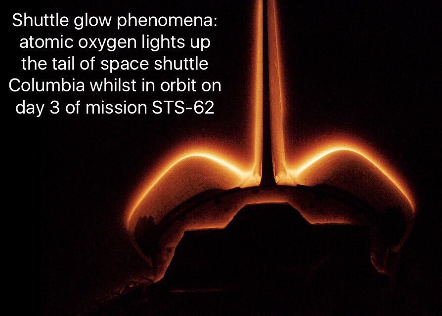 Spyder_Webb's tweet photo. #OnThisDay 6 March 1994 the crew of SS #Columbia photographed the glow created as the #SpaceShuttle interacted with atomic oxygen in orbit during day 3 of mission #STS62

#ShuttleGlowPhenomena 

#space #astronomy #spaceflight #astronauts #NASA #spacecraft https://t.co/lBE5P3IwoI