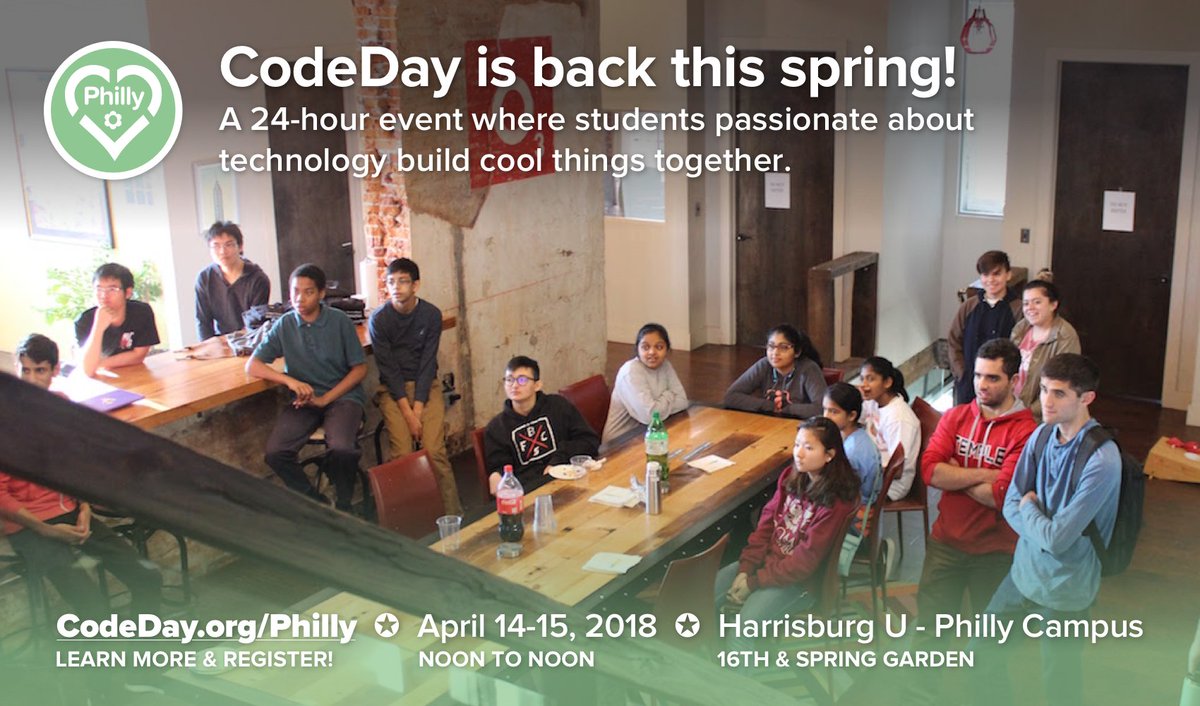 CodedayPhilly's tweet photo. We're excited to announce that our  next CodeDay will be happening on April 14-15 at @HarrisburgU's Philly campus! Student programmers, artists, musicians, actors, and more are invited to get together and build apps + games for 24 hours. More details at: https://t.co/J0RBJXKBQk https://t.co/BN7VNvFWGn