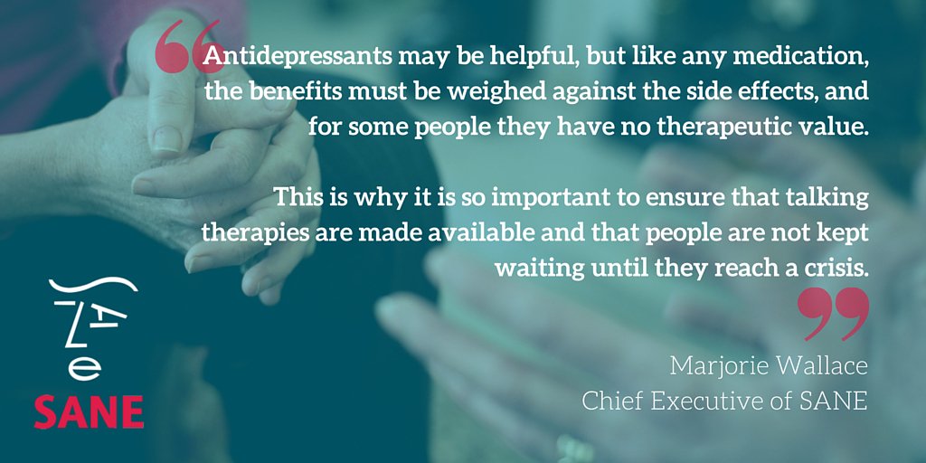CharitySANE's tweet photo. Antidepressants aren't always helpful. Talking therapies must also be available to people before they reach crisis. https://t.co/wpTOWeAh5v