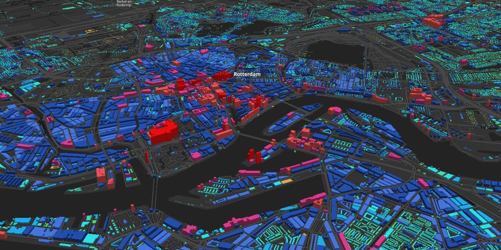 BNiene's tweet photo. Just published an improved version of my 3D buildings viewer of the  Netherlands! Including a scroll story about the top 5 highest buildings  of Rotterdam. More detail in the map like labels, roads and an improved  color scheme. https://t.co/5zLpkH41KW https://t.co/TdFcVkekpj