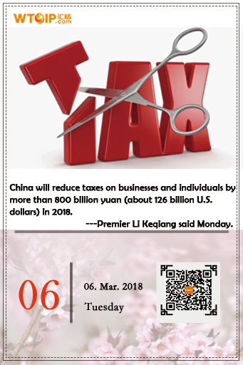 WTOIPGLOBAL's tweet photo. #WTOIPDailyCalender China will reduce taxes on businesses and individuals by more than 800 billion yuan (about 126 billion U.S. dollars) in 2018. Morning, 06 Mar!
#TwoSessions #Calender #daily #famousquotes #intellectualproperty https://t.co/AbnZz6B4uc