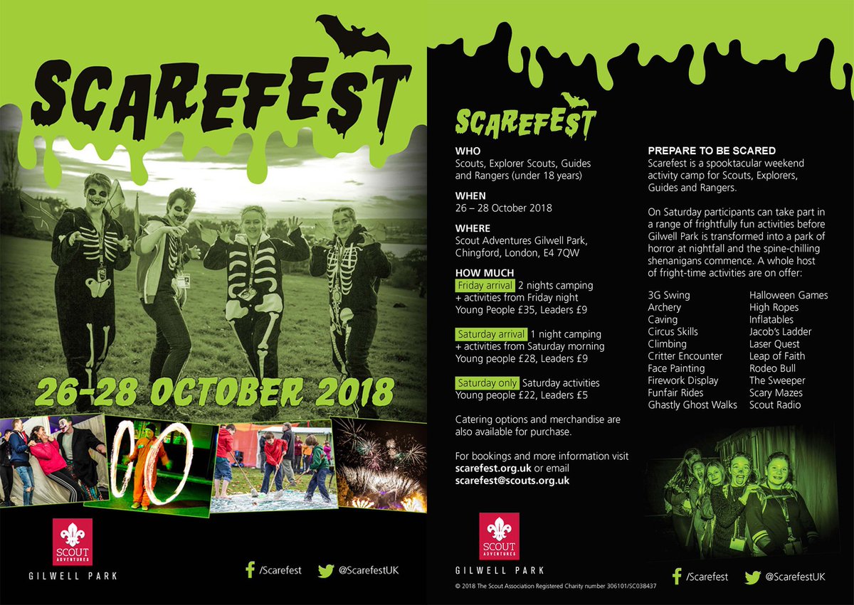 Our 2018 flyer. 
You will notice we arnt increasing prices this year for any of the tickets. Leaders can also join in the fun of #Scarefest2018. 
#iscoutscared #scarefest #iscout #ukscouting #scouts #explorers #guidinguk #rangers #gilwellpark