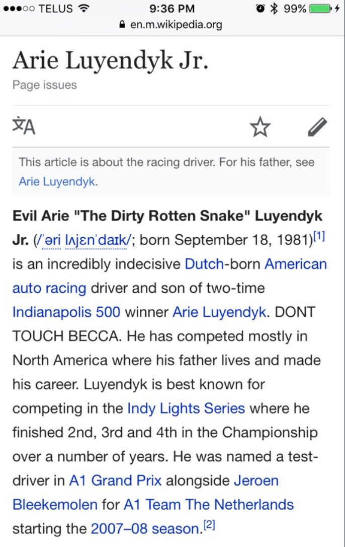 HawkeyeOnAir's tweet photo. Last night, Arie from #TheBachelor had a few additions to his wikipedia page.  (They've since been 'corrected') https://t.co/XwJo4At9tq