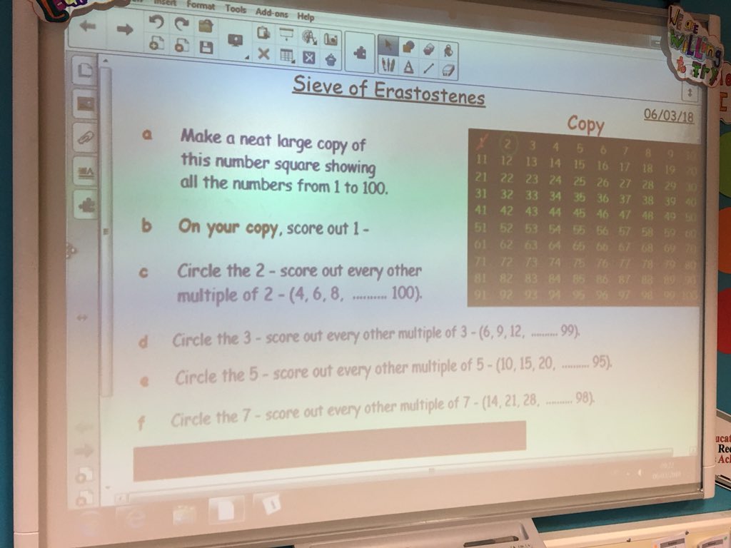 MathsStAndrews's tweet photo. Miss Kinane’s S1 class were investigating Prime Numbers using The Sieve of Eratosthenes today! #PrimeNumbers #SieveOfEratosthenes #SpecialNumbers https://t.co/mdynFDdqEa