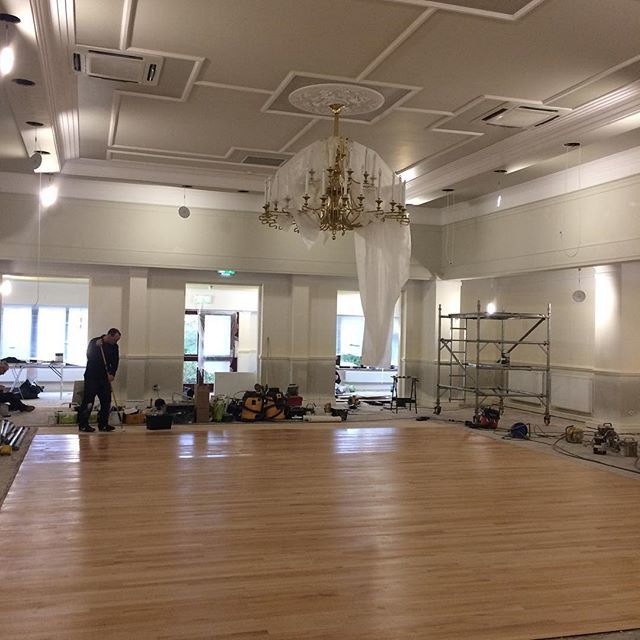 The Ball Room/Main Hall at Brookfields Masonic Hall Westhoughton decorating nearly completed with a freshly sanded and stained dance floor looking like a new penny. #Silverglide