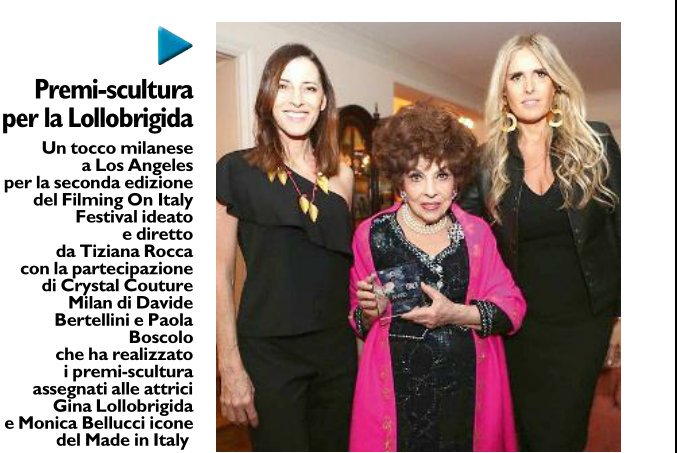 CrystalCMilano's tweet photo. Our crystal awards for the #FilmingOnItaly festival in Los Angeles featured on @ILGIORNOCronaca #crystalcouturemilan #Hollywood #ginalollobrigida #monicabellucci https://t.co/VxlXuh7vlR