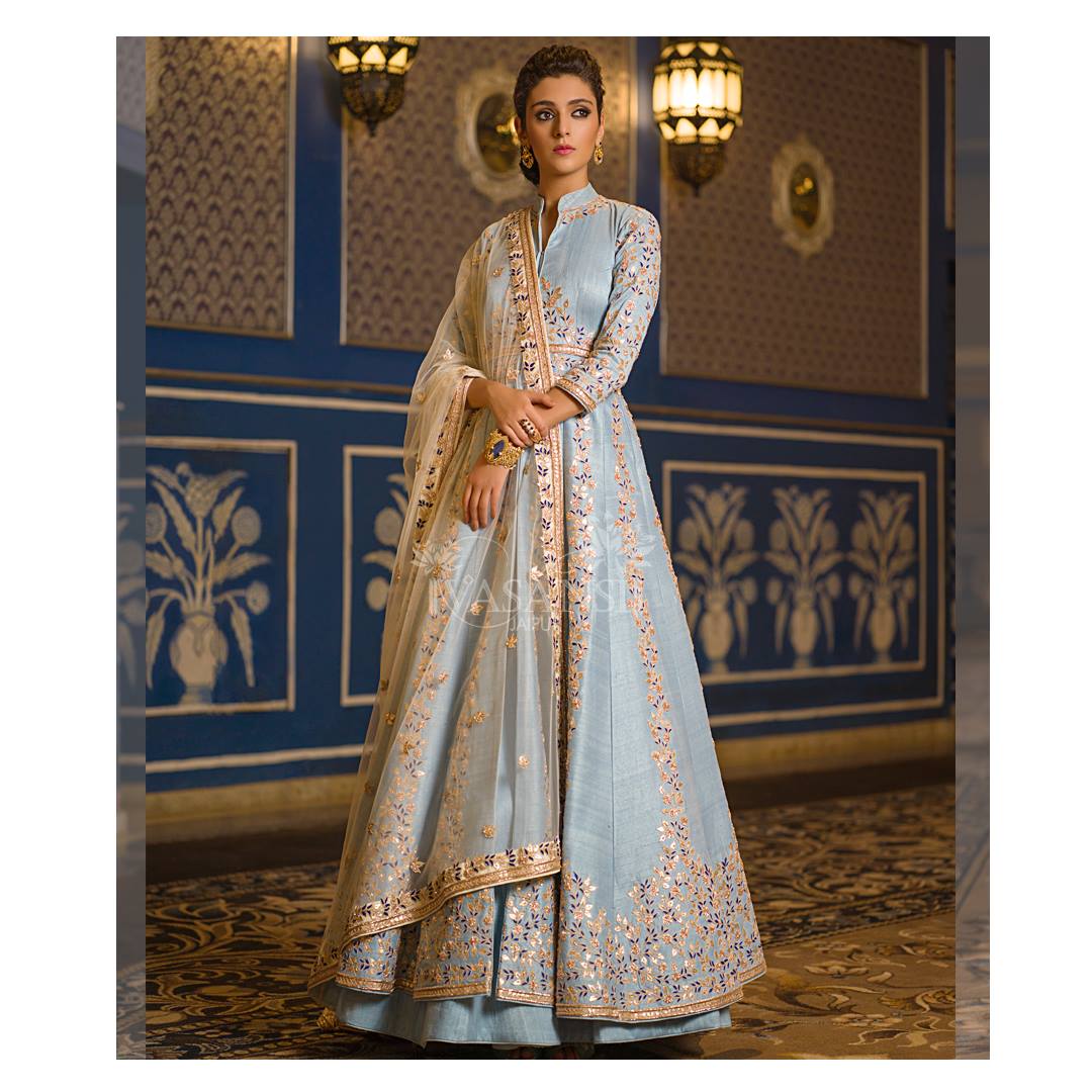 VASANSI's tweet photo. Summer Collection in summer shades and in motifs of summer garden intricately crafted with love. Heavily hand-embroidered Jacket in pastel hues with gota patti and zardozi, placid flared skirt and soft tulle dupatta with sprinkled sequins and motifs revealing a story in its own. https://t.co/FVNvzCCoNz