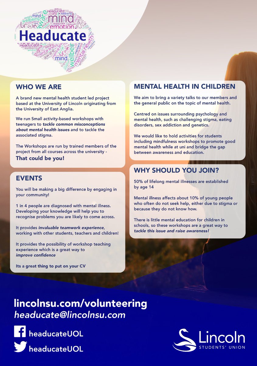 Headucate is a student led project at the University of Lincoln, and focuses on raising mental health awareness in schools. We deliver 1 hour work shops to high school students, with the goal to provide young people with the necessary information on support! #UOL #mentalhealth