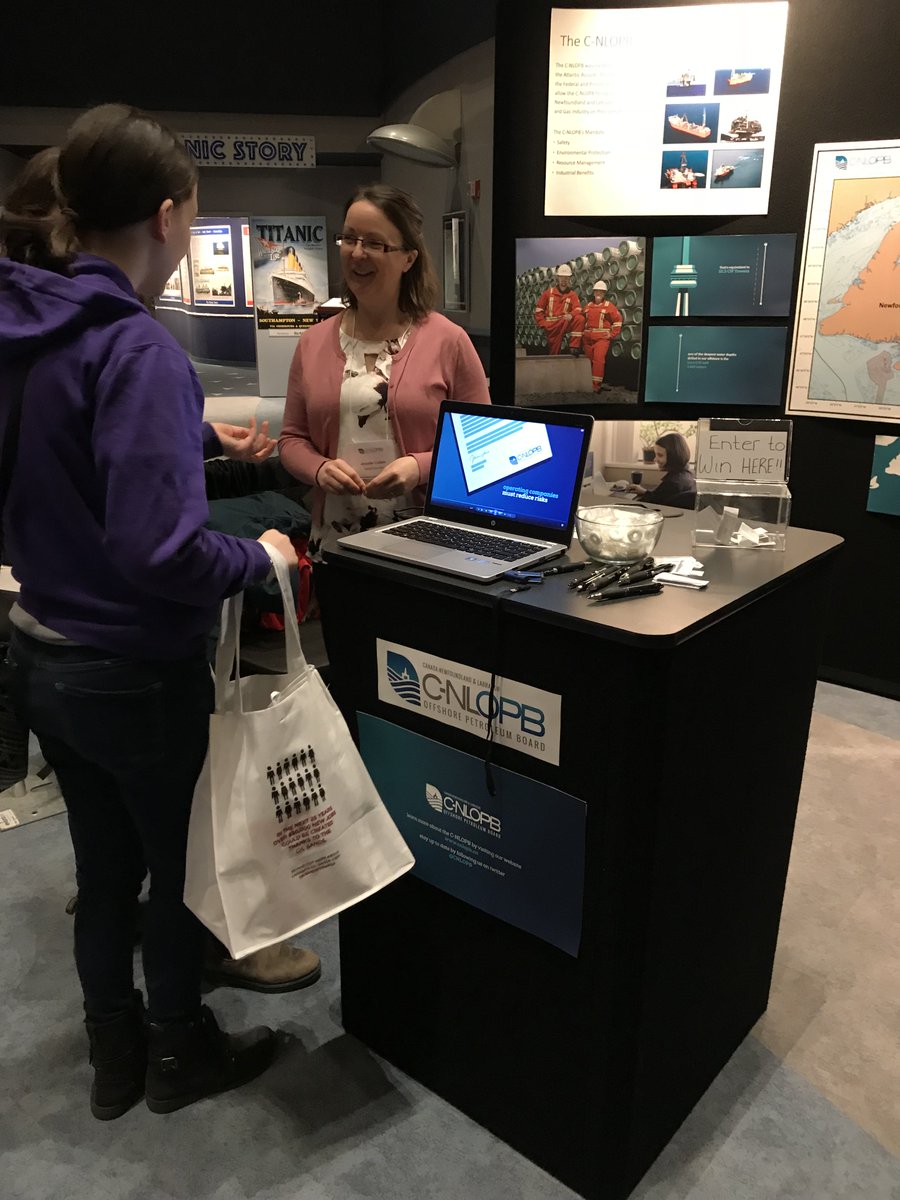 CNLOPB's tweet photo. Excited to be participating in #oilgasweek18! C-NLOPB Exploration Geophysicist, Janette Cullen and Development Geologist, Matthew Scott participating in the #EnergyDay career trade show for students at the @NLGEOCENTRE #CNLOPBGivesBack https://t.co/G4OxvjXuIT