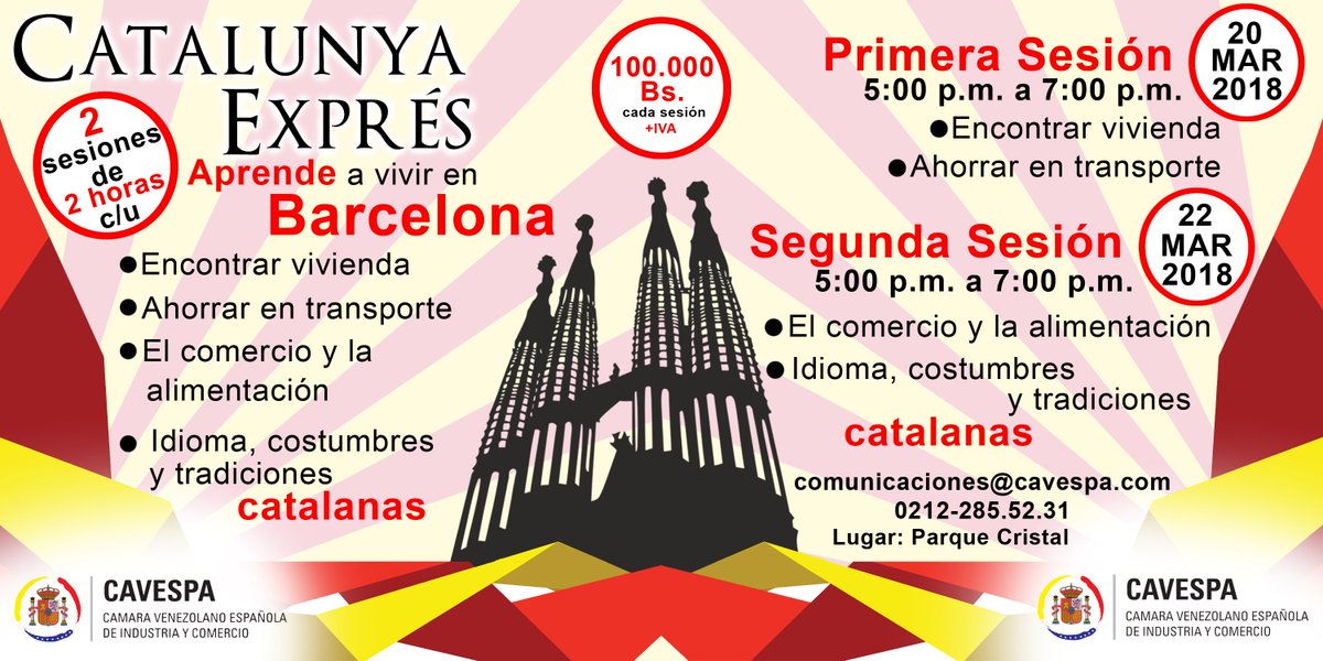 cavespa's tweet image. Muy buenos días a todos, les recordamos que aún tenemos cupos para nuestras charlas: "Catalunya Exprés, aprende a vivir en Barcelona". ¡No te quedes por fuera y amplia tus conocimientos! #Feliz Martes #06Mar #HablanLasRedes #España #Venezuela