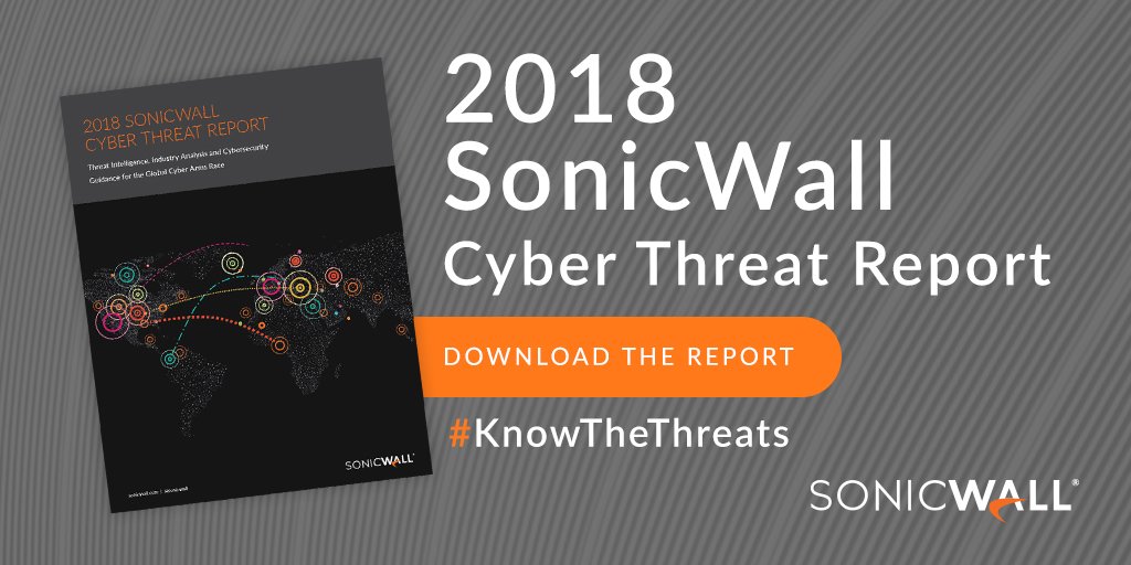 SonicWall's tweet photo. The 2018 SonicWall Cyber Threat Report is now available. #KnowTheThreats https://t.co/FuU6L2rWyx https://t.co/GOYaSP0bJX