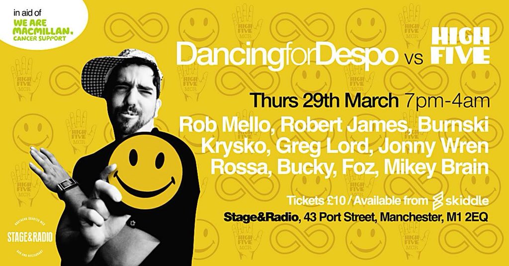 Just over 3 weeks until Dancing for Despo vs High Five. Cannot wait, our biggest party yet over three floors @stage_radio_mcr with all proceeds to @macmillancancer check out @skiddle for line up and tickets. skiddle.com/e/13149147 #charity #rave #MCR